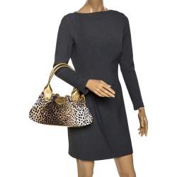 Roberto Cavalli Beige/Gold Leopard Print Canvas and Leather Satchel