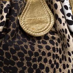 Roberto Cavalli Beige/Gold Leopard Print Canvas and Leather Satchel