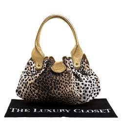 Roberto Cavalli Beige/Gold Leopard Print Canvas and Leather Satchel