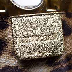 Roberto Cavalli Beige/Gold Leopard Print Canvas and Leather Satchel