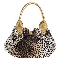 Roberto Cavalli Beige/Gold Leopard Print Canvas and Leather Satchel