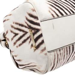 Roberto Cavalli Cream/Brown Zebra Print Canvas and Leather Satchel