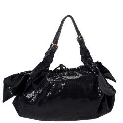 Pre Owned Roberto Cavalli Black Sequin Bow Drawstring Hobo