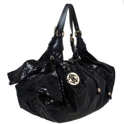 Pre Owned Roberto Cavalli Black Sequin Bow Drawstring Hobo