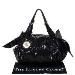 Pre Owned Roberto Cavalli Black Sequin Bow Drawstring Hobo