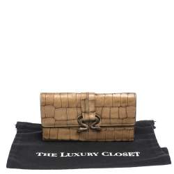 Roberto Cavalli Caramel Brown Crocodile Embossed Leather Double Snake Flap Wallet