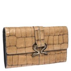 Roberto Cavalli Caramel Brown Crocodile Embossed Leather Double Snake Flap Wallet