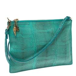 مملوكة مسبقًا حقيبة كتف روبرتو كافالي جلد ثعبان خضراء