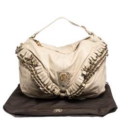 Roberto Cavalli Cream Leather Studded Fringe Hobo