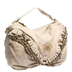 Roberto Cavalli Cream Leather Studded Fringe Hobo