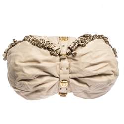 Roberto Cavalli Cream Leather Studded Fringe Hobo