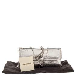 Pre Owned Roberto Cavalli Metallic Silver Snakeskin Serpent Chain Clutch