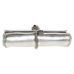 Pre Owned Roberto Cavalli Metallic Silver Snakeskin Serpent Chain Clutch