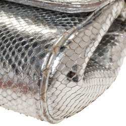 Pre Owned Roberto Cavalli Metallic Silver Snakeskin Serpent Chain Clutch