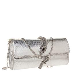 Pre Owned Roberto Cavalli Metallic Silver Snakeskin Serpent Chain Clutch
