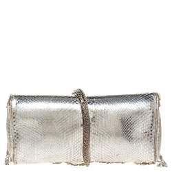 Pre Owned Roberto Cavalli Metallic Silver Snakeskin Serpent Chain Clutch