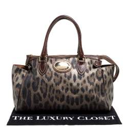Roberto Cavalli Green/Brown Leopard Print Coated Canvas Zip Satchel
