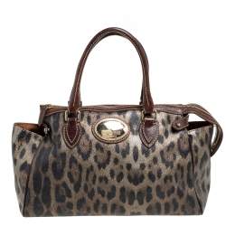 Roberto Cavalli Green/Brown Leopard Print Coated Canvas Zip Satchel
