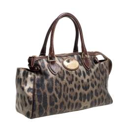Roberto Cavalli Green/Brown Leopard Print Coated Canvas Zip Satchel