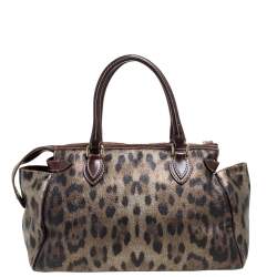 Roberto Cavalli Green/Brown Leopard Print Coated Canvas Zip Satchel