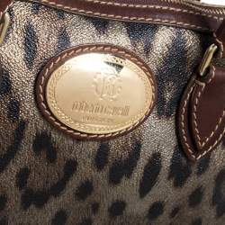 Roberto Cavalli Green/Brown Leopard Print Coated Canvas Zip Satchel