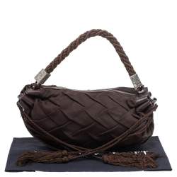 Pre Owned Roberto Cavalli Dark Brown Pleated Fabric and Leather Tassel Hobo