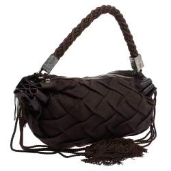 Pre Owned Roberto Cavalli Dark Brown Pleated Fabric and Leather Tassel Hobo