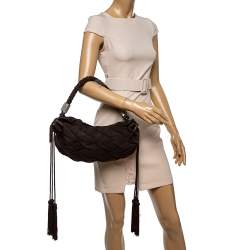 Pre Owned Roberto Cavalli Dark Brown Pleated Fabric and Leather Tassel Hobo