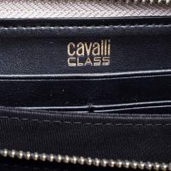Pre Owned Roberto Cavalli Grey/Black Leather Panther Zip Around Wallet