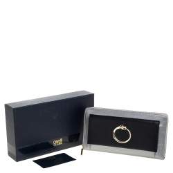 Pre Owned Roberto Cavalli Grey/Black Leather Panther Zip Around Wallet