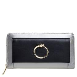 Pre Owned Roberto Cavalli Grey/Black Leather Panther Zip Around Wallet