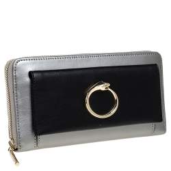 Pre Owned Roberto Cavalli Grey/Black Leather Panther Zip Around Wallet