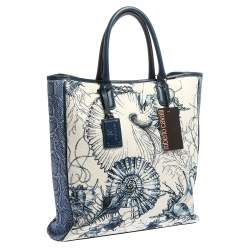 Pre Owned Roberto Cavalli Blue/White Printed Canvas and Leather Shopper Tote