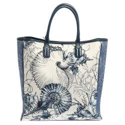 Pre Owned Roberto Cavalli Blue/White Printed Canvas and Leather Shopper Tote