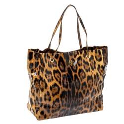 مملوكة مسبقًا حقيبة روبرتو كافالى جلد لامعة طباعة فهد سوداء / بنية