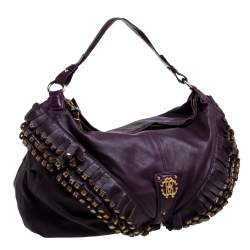 Pre Owned Roberto Cavalli Purple Leather Studded Fringe Hobo