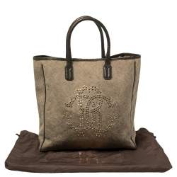 Pre Owned Roberto Cavalli Moss Green Canvas and Leather Studded Logo Tote