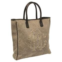 Pre Owned Roberto Cavalli Moss Green Canvas and Leather Studded Logo Tote
