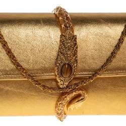 Pre Owned حقيبة كلتش روبرتو كافالي سلسلة كلبس سربنت جلد ذهبي