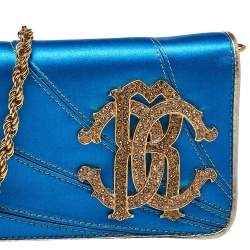 Pre Owned Roberto Cavalli Blue Satin and Leather Logo Embellished Chain Clutch