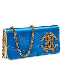 Pre Owned Roberto Cavalli Blue Satin and Leather Logo Embellished Chain Clutch
