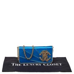 Pre Owned Roberto Cavalli Blue Satin and Leather Logo Embellished Chain Clutch