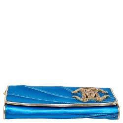 Pre Owned Roberto Cavalli Blue Satin and Leather Logo Embellished Chain Clutch