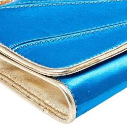 Pre Owned Roberto Cavalli Blue Satin and Leather Logo Embellished Chain Clutch