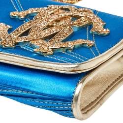 Pre Owned Roberto Cavalli Blue Satin and Leather Logo Embellished Chain Clutch