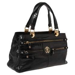 Pre Owned Roberto Cavalli Black Glazed Leather RC Logo Tote