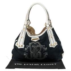 Pre Owned Roberto Cavalli Navy Blue/White Denim and Leather Logo Shoulder Bag