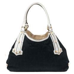 Pre Owned Roberto Cavalli Navy Blue/White Denim and Leather Logo Shoulder Bag