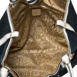 Pre Owned Roberto Cavalli Navy Blue/White Denim and Leather Logo Shoulder Bag
