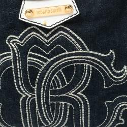 Pre Owned Roberto Cavalli Navy Blue/White Denim and Leather Logo Shoulder Bag